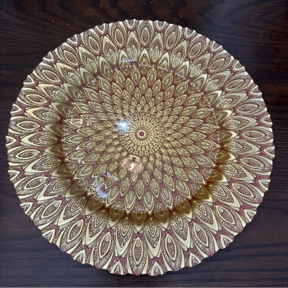 Vietri Peacock Feather Gold Platter Charger Dish Plate NWT
