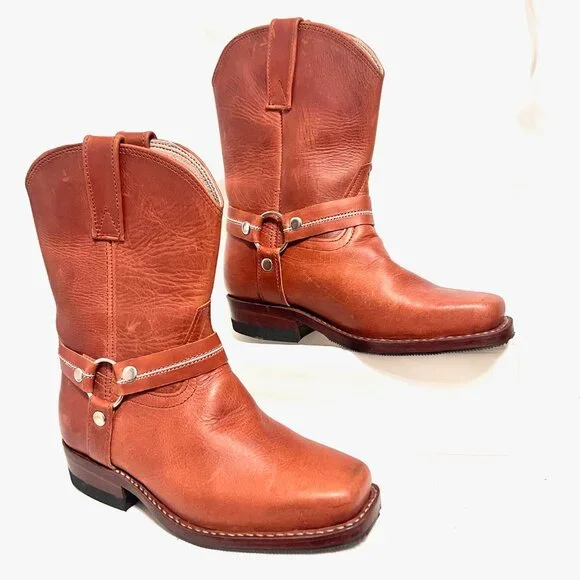 Kids Tan Leather Western Boots - Classic Pull-On Style