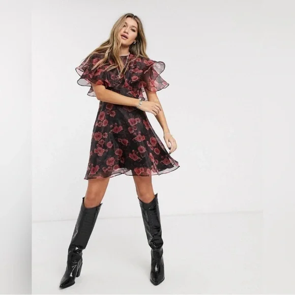 Topshop Women’s Organza‎ Floral Print Mini Dress Size 2 Lightweight