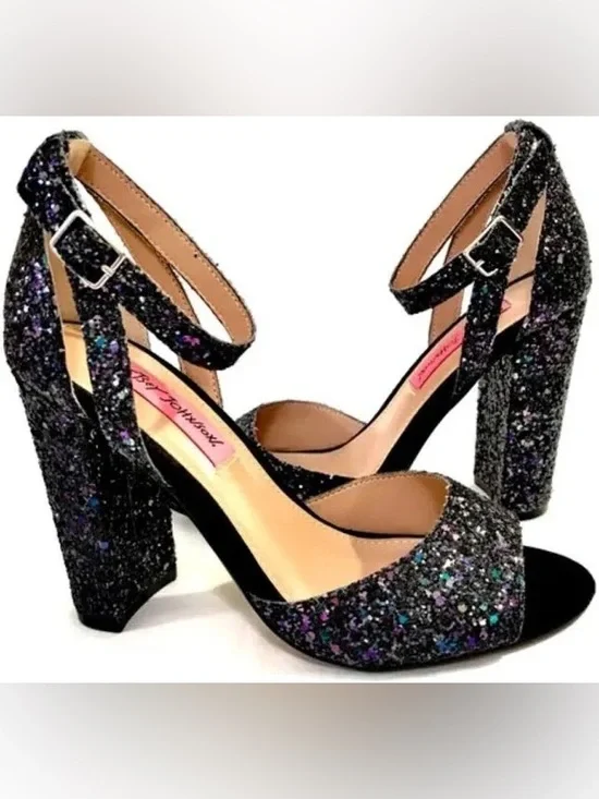 Betsey Johnson Glissten Black Glitter Ankle Strap Sandals.