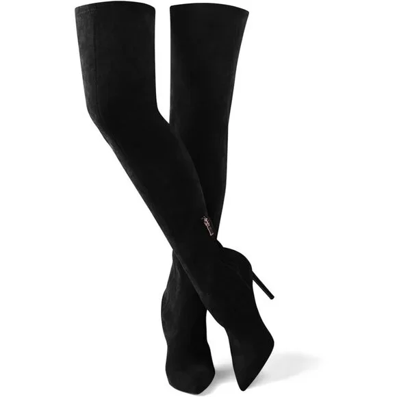 Women Black Faux Suede Over The Knee Thigh High Stiletto Heel Pointed Toe Boots