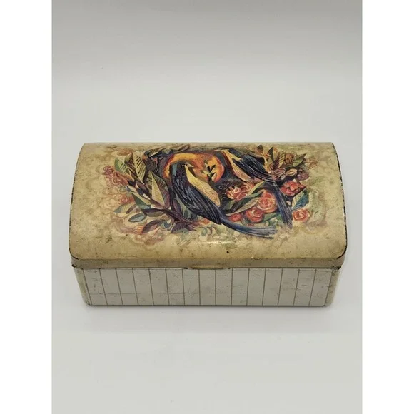 Vintage Metal‎ Storage Tin Box Bird Floral Design Hinged Lid 6.5