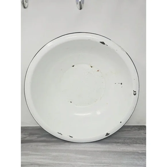 VTG White Black Enamelware Basin Bowl Antique Primitive Large 16