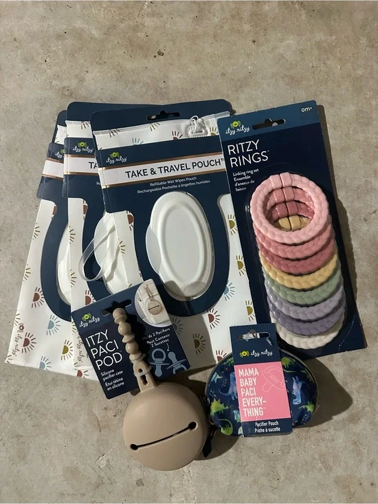 Itzy Ritzy Navy & Pastel Party Travel Pouch Set with Pink Ritzy Rings NWT Bundle