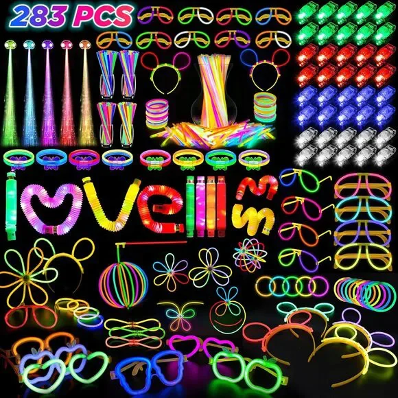 Glow in the Dark Neon Party Favors, 283 Piece, LED Lights, Glow Sticks