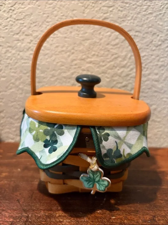 Longaberger Lots Of Luck Basket with Green Clover Fabric and Lid