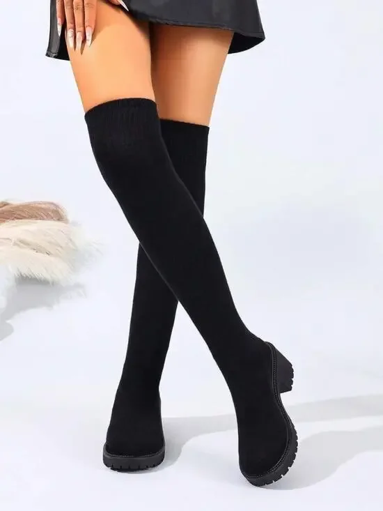 Women's Stretch Over The Knee Black Boots Thigh High Chunky Heel Winter Size 7