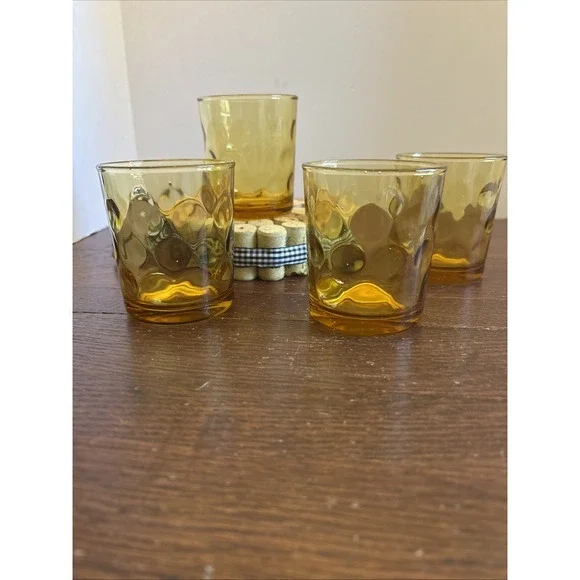 Set‎ of  4 - Vintage Hazel Atlas Eldorado Amber Coin Dot Glasses 6 OZ - 3.5 in