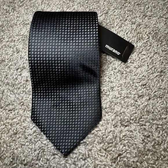 Murano Tie Men's Black Silver Silk Micro Geometric Grid Textured Necktie NWT