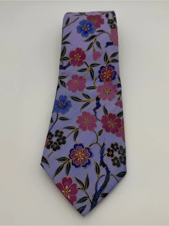 Men's Floral Silk Tie Lavender with Pink and Blu 100% Silk Handmade in Thailand