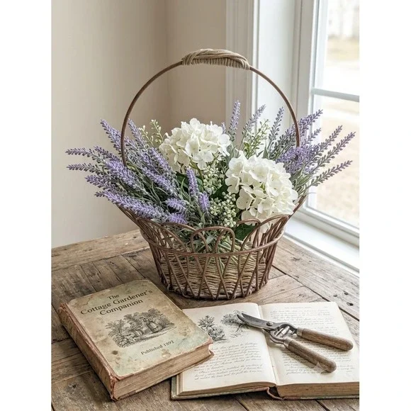Vintage Bronze Wire Scalloped Petal Basket Woven Wicker Base Farmhouse Decor