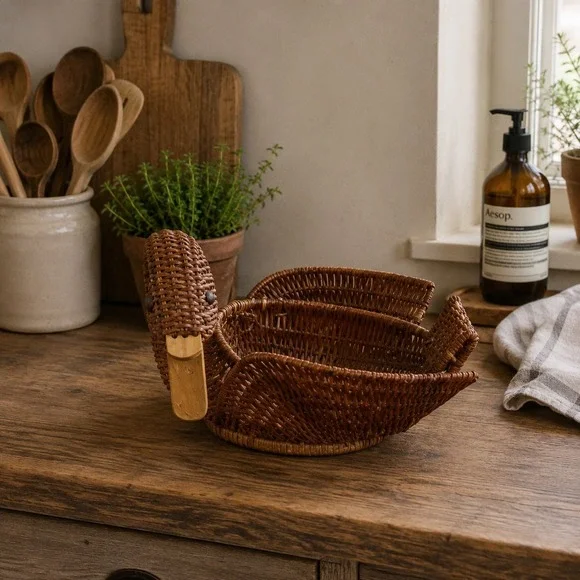 Vintage Woven Wicker Duck Basket Brown Rustic Farmhouse‎ Decor with Wood Beak