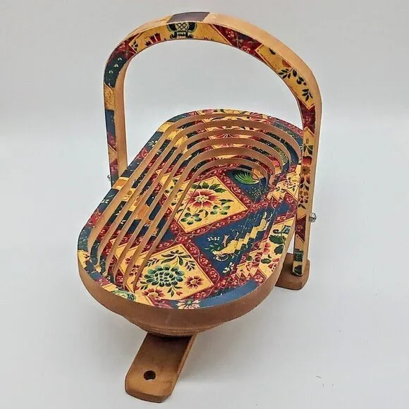Collapsible Oval Wood Red Green Farmhouse Painted Basket