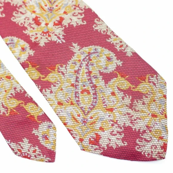 Oscar De La Renta Vintage Red Yellow‎ Paisley Floral Short Silk Tie