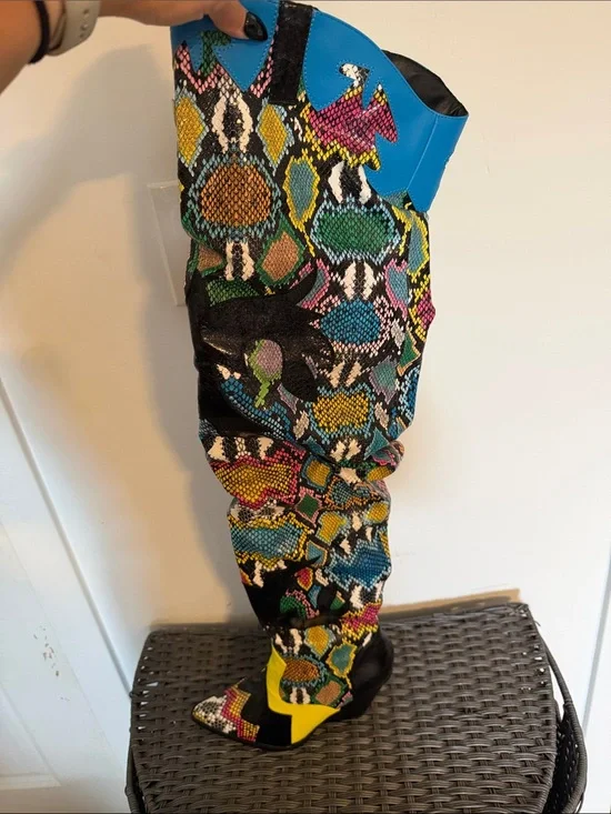 Over-the-Knee Snake-Print Boots with Neon Accents