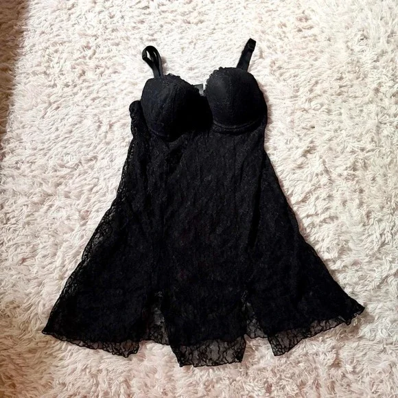 Black Lace Whimsygoth Emo Sexy Padded Lingerie Slip Dress Womens 38C Mysterious