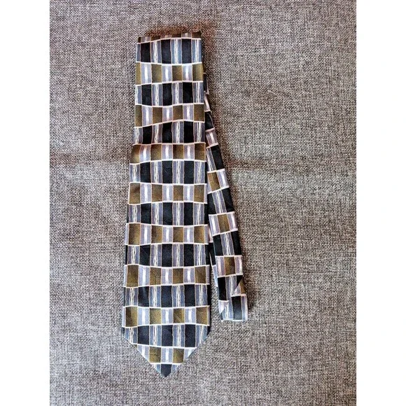 Tie 70s 80s 90s Y2K Mens Facets Silk Black Green Gray 3.75 Wide 58 Long