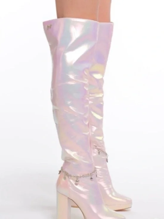 Sparkl Fairy Couture Iridescent Pink Knee-High Block Heel Boots NWT