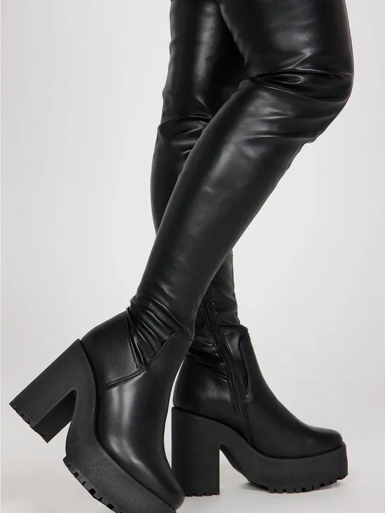 New in Box Black Platform Chunky Over The Knee Boots - Women