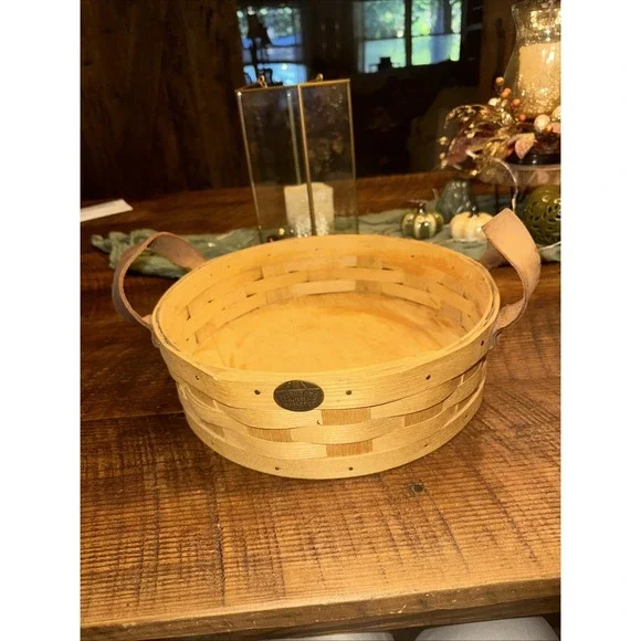 Vintage Peterboro Round Pie Basket With Leather Handles And Felt Bottom 12