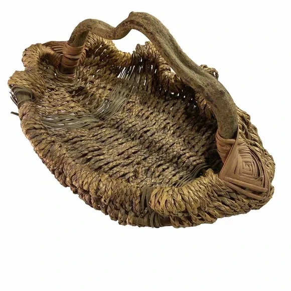 VTG Rustic Woven Basket Tree Branch Handle Boho Farmhouse Primitive Decor Cottag