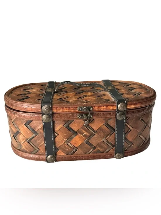 Vintage Woven Wood Box Leather Straps Metal Latch Hinges Antique Style