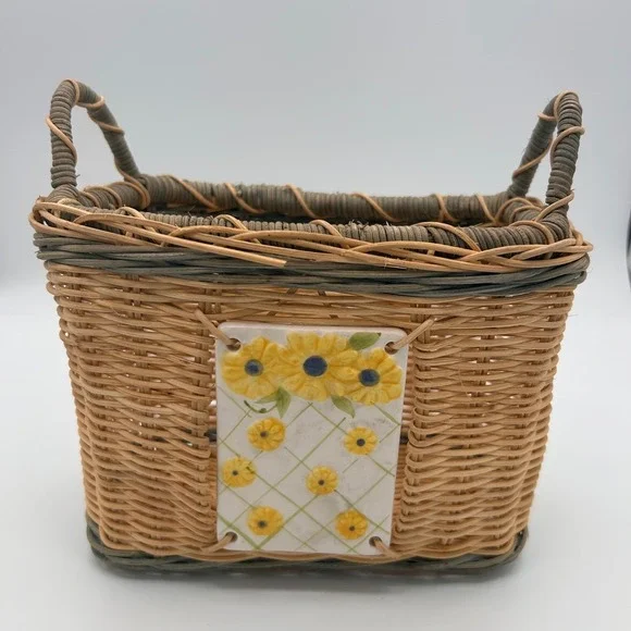 Cottage Vintage Wicker Basket Sunflower‎ Ceramic Tile