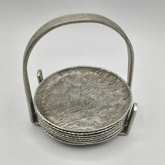 Vintage Hammered‎ Aluminum Coaster Set Tulip Floral Design 7 Pc Mcm Cottagecore