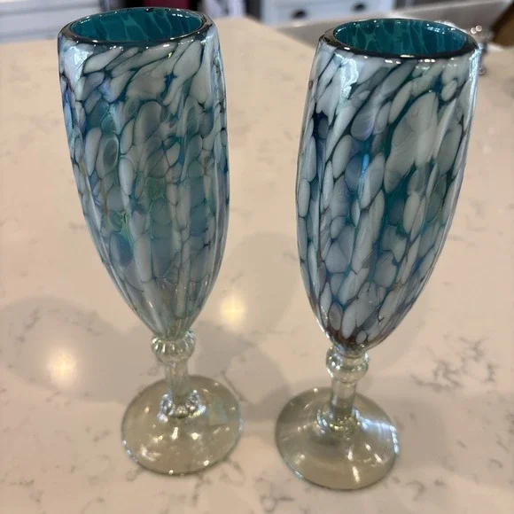 Cobalt Blue White Iridescent MexicoBlown Art Champagne Flute‎ Wine Glass Wedding