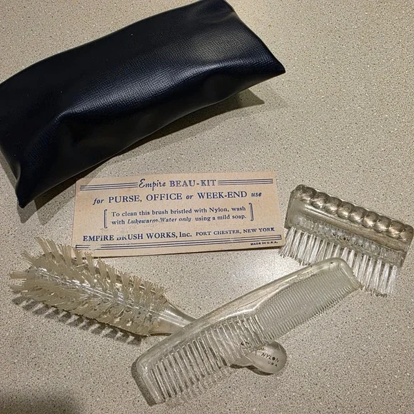 Empire Beau-Kit Vintage Travel Grooming Set Clear Nylon Brushes Comb USA Case