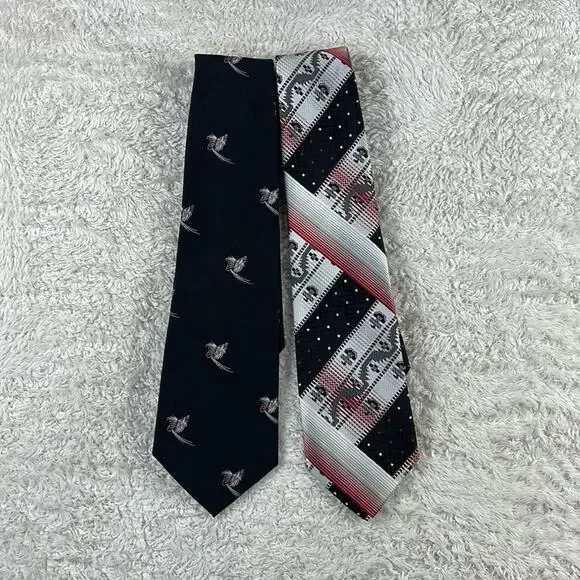 Vintage lot of‎ 2 Harleys Shorewood fly fishing necktie geometric red black tie