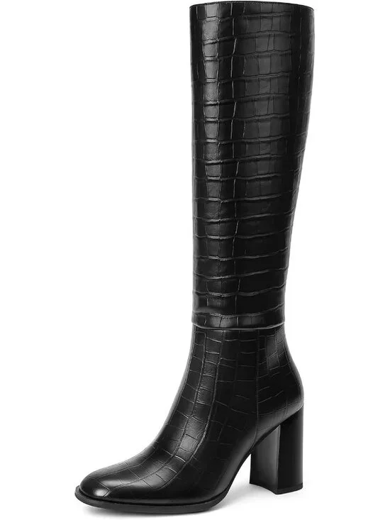 Women Crocodile Black Knee High Side Zip Fashionable Round Toe Chunky Heel Boot