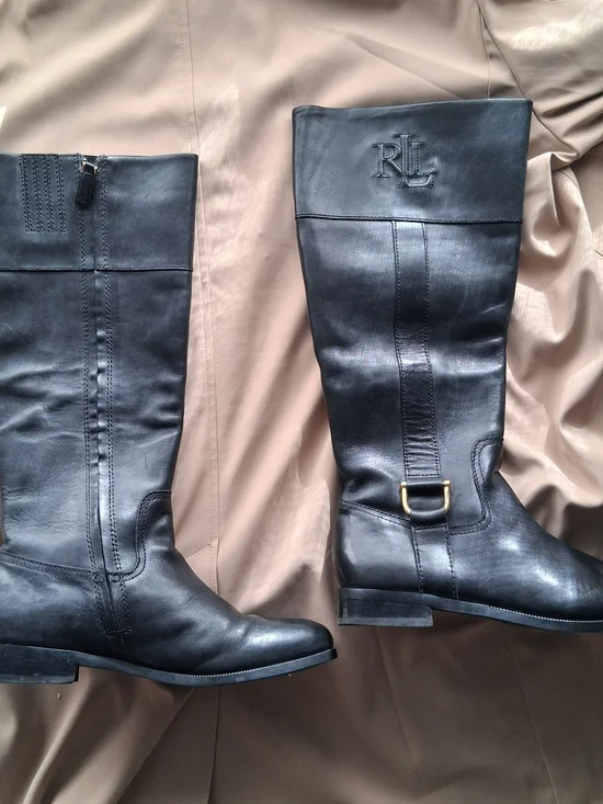 Ralph Lauren Black Leather Over-the-Knee Riding Boots with RL Embossed Shaft