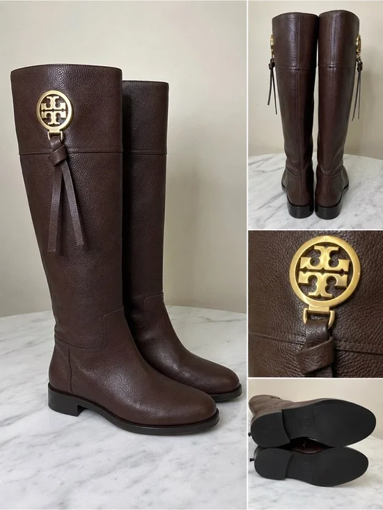 Tory Burch Pebbled Dark Brown Leather Tall Boots with Gold Hardware