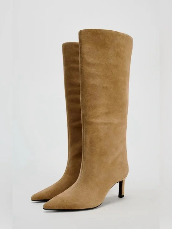 ZARA Leather Knee High Pointed Toe Boots Camel Size 38 / US 7.5 NWT