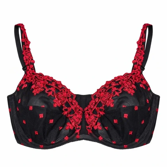 Bali Lace Underwire Bra 38DD Black Red Sheer Embroidered‎ Floral Lingerie