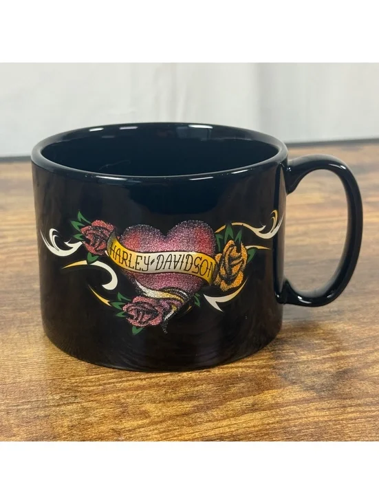 Harley Davidson 2008 Black Coffee Mug Tattoo Heart Roses Design Large
