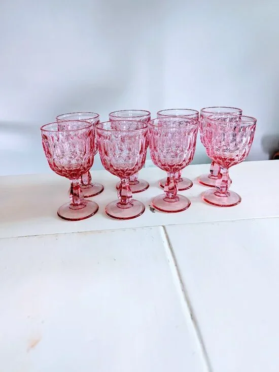 VTG Set of 8 Fenton Colonial Pink Thumbprint Goblets 6.5