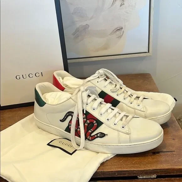 Gucci White Sneakers with Red and Green Snake Design