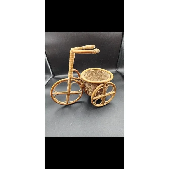 Vtg Wicker‎ Bamboo Tricycle Bike Planter Plant Pot Holder 10