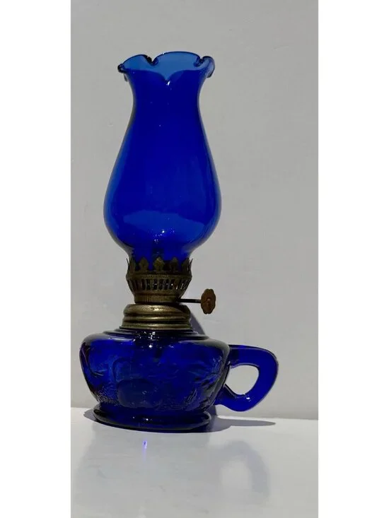 Vintage Cobalt Blue Glass Finger Oil Lamp Fruit Base & Ruffled Chimney Hong Kong
