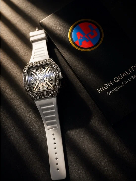 AJ Brand White Men's Skeleton Dial Sport Watch With Crystal Accents