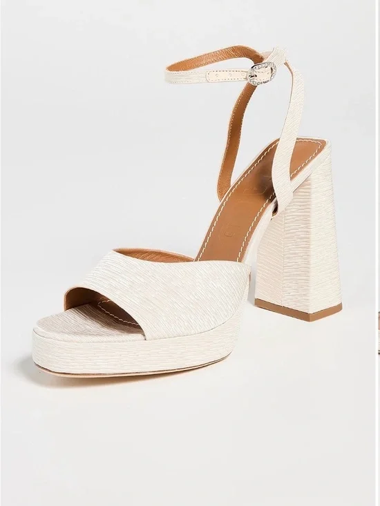 STAUD Cream Textured Platform Ankle-Strap Sandals