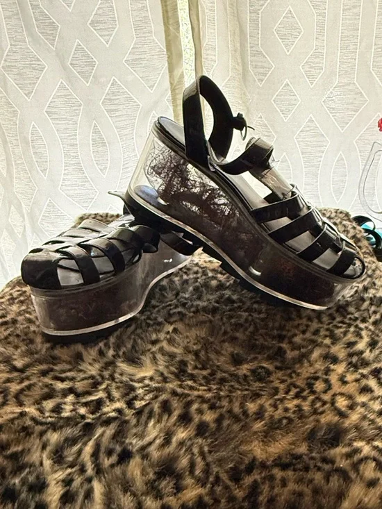 Yru Black Clear Platform Wedge Sandals