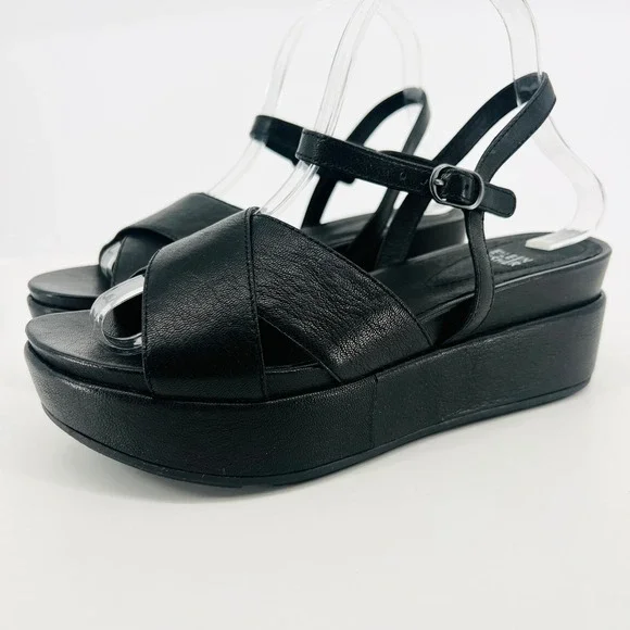 Eileen Fisher Juno Platform Sandals Women 8 Black Leather Chunky Strappy Buckle