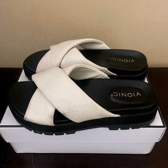 Vionic Vesta White Pebbled Leather Crisscross Platform Slide Sandals‎ Women 8