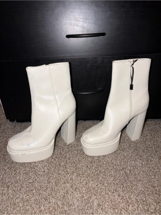 Womens White Platform Block Heel Ankle Boots