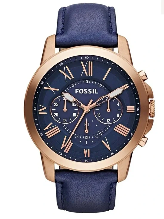 Fossil Blue Leather Strap Chronograph Watch with Rose Gold-Tone Case Mens Watch