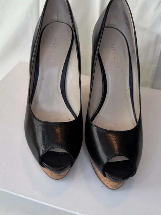 Nine West Black Peep-Toe Platform Wedges with Cork Trim