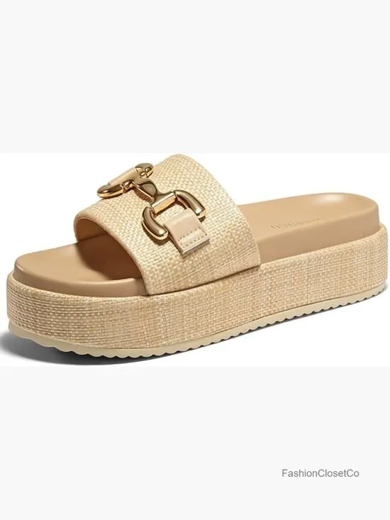 Raffia Espadrilles Platform Sandals with Metal Chain - Slip On Open Toe Summer